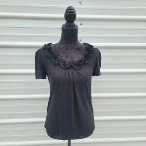 Ann Taylor Loft Womens Black Ruffled Neck Shirt Top Black Modal Petites PS Small